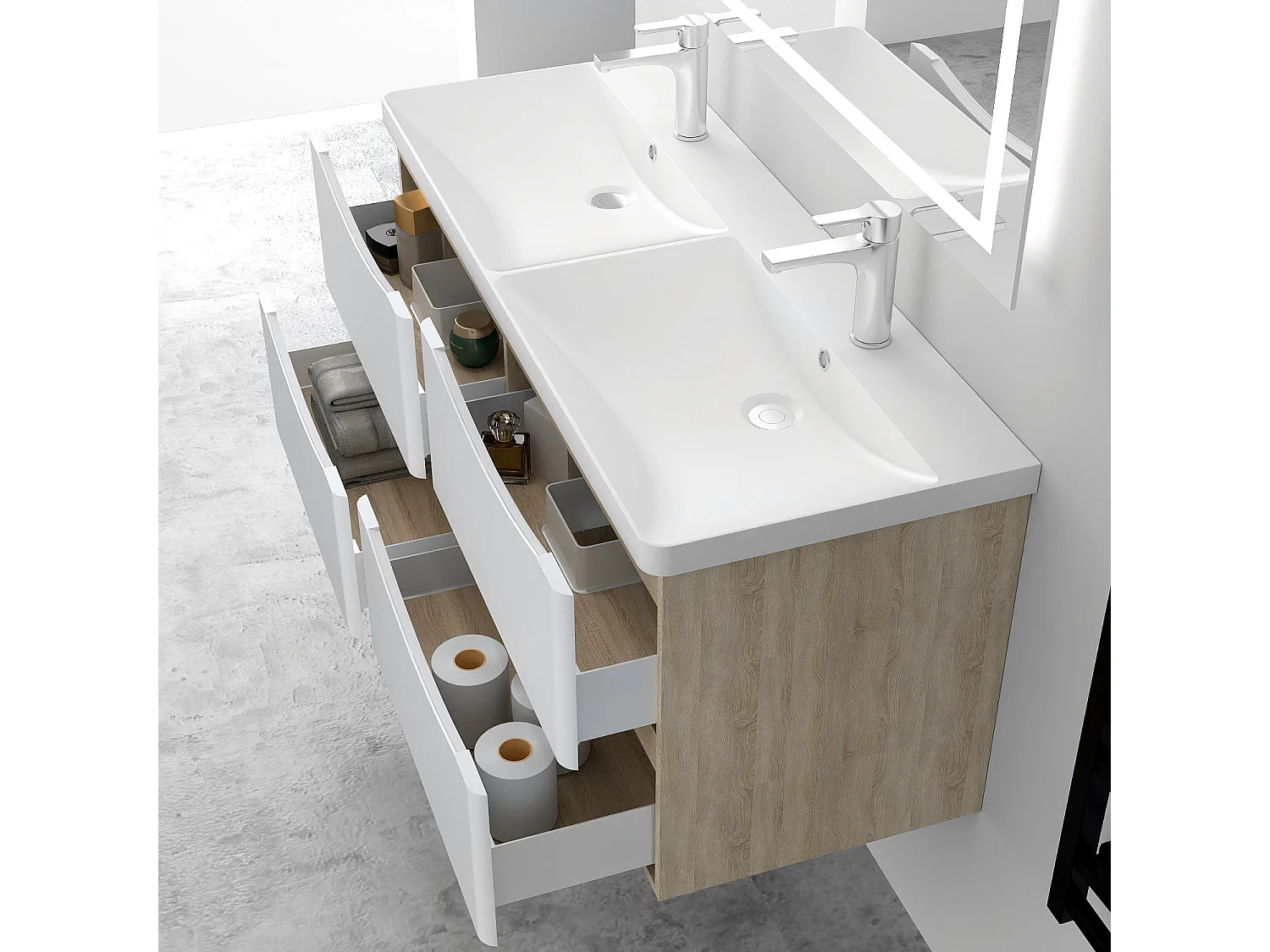 AICA Ensemble Meuble Salle de Bain Brillant Suspendu 120cm, Blanc + Chêne, Meuble 4 tiroirs + Lavabo + Miroir LED + Colonne