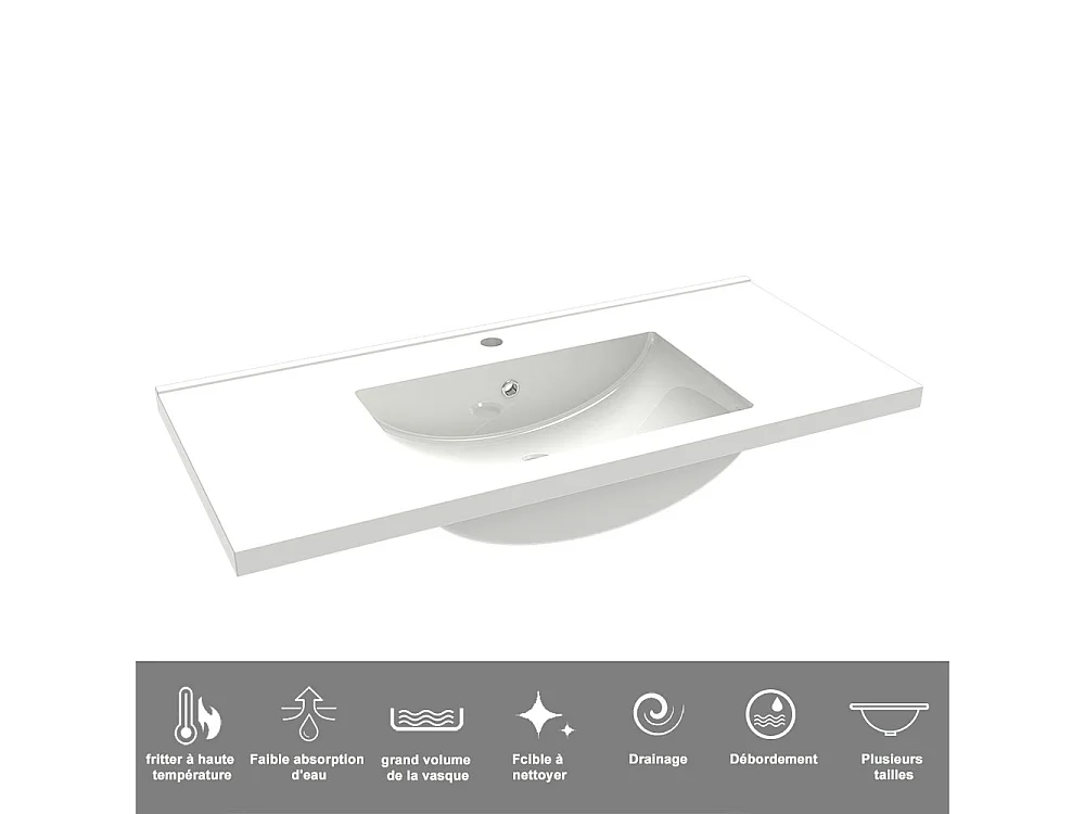 Ensemble Meuble Salle de Bain Suspendu 100cm Anthracite Brillant avec 2 Tiroirs à Fermeture Automatique + Miroir Tricolore + Simple Lavabo Céramique + Colonne