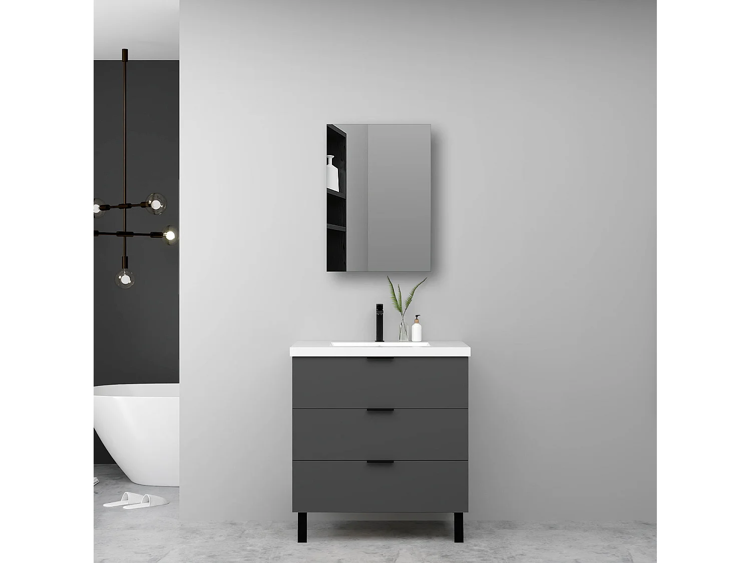 Meuble de salle de bain avec lavabo, 60cm, 3 tiroirs avec fermeture amortie + Armoire salle de bain avec miroir, meuble anthracite