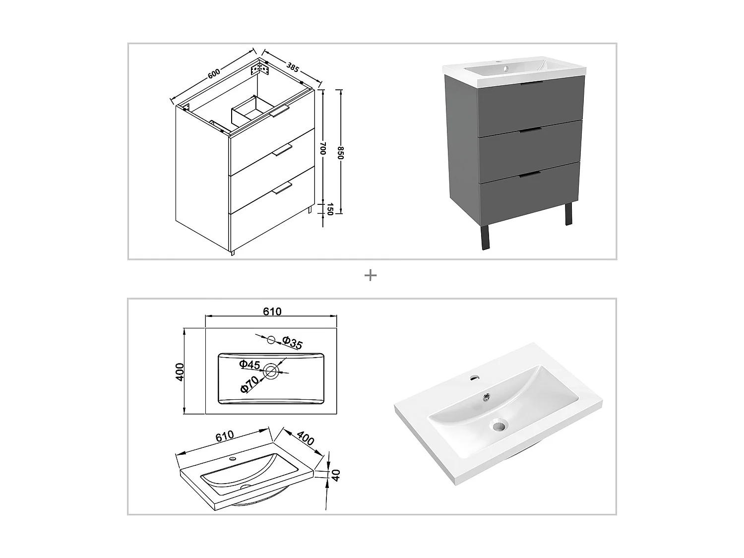 Meuble de salle de bain avec lavabo, 60cm, 3 tiroirs avec fermeture amortie + Armoire salle de bain avec miroir, meuble anthracite