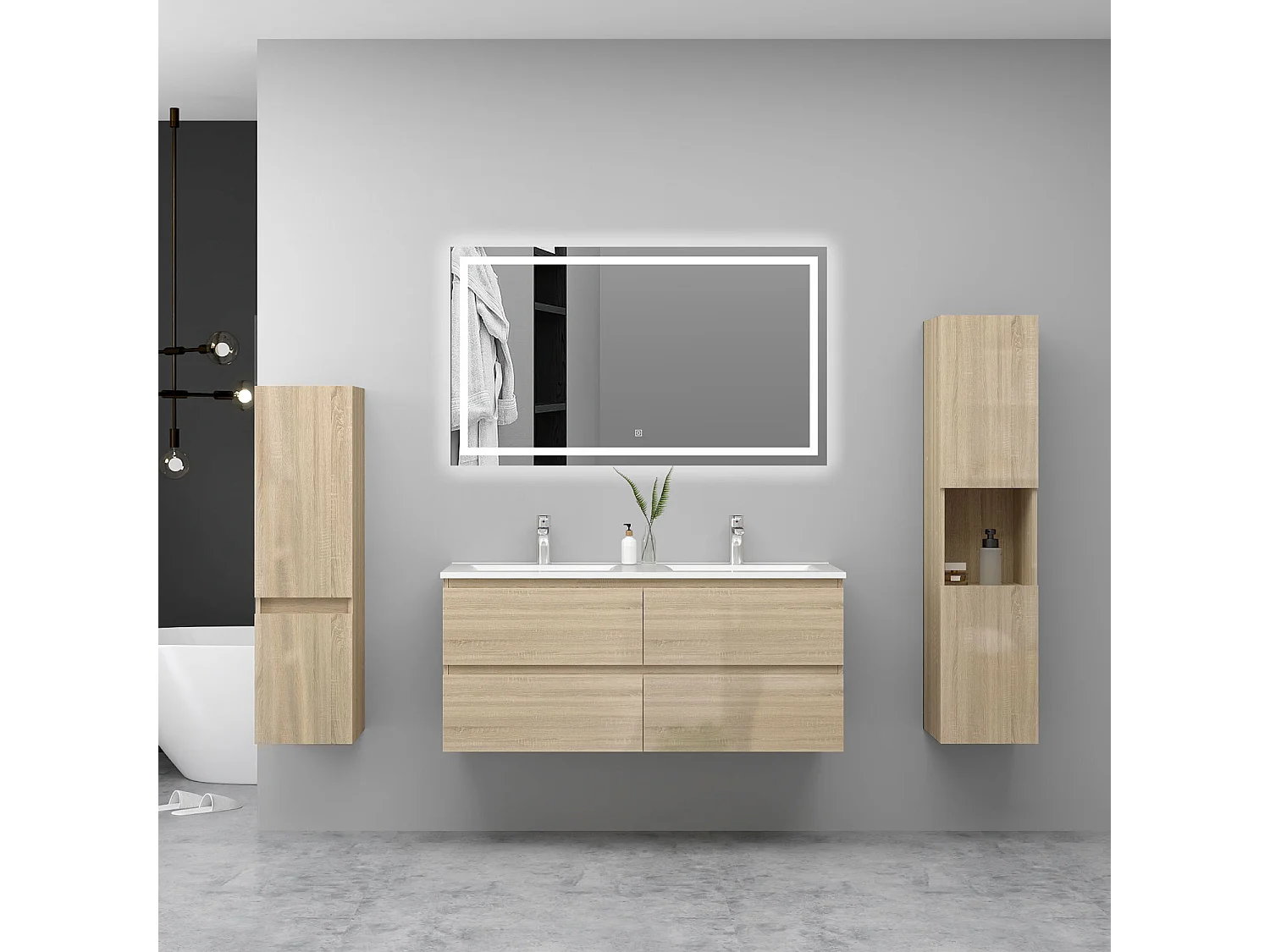Ensemble Meuble Salle de Bain Suspendu 120cm Chêne Brillant avec 4 Tiroirs à Fermeture Automatique + Miroir Tricolore + Double Vasque Céramique + 2*Colonne Haute