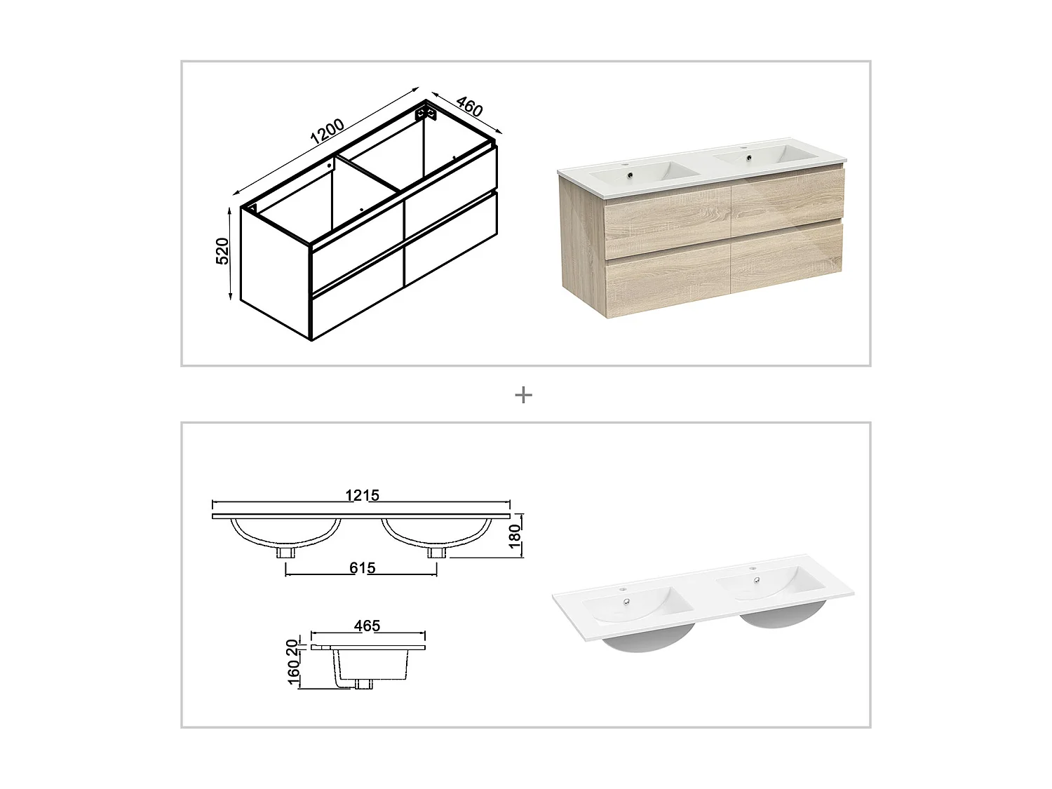 Ensemble Meuble Salle de Bain Suspendu 120cm Chêne Brillant avec 4 Tiroirs à Fermeture Automatique + Miroir Tricolore + Double Vasque Céramique + 2*Colonne Haute