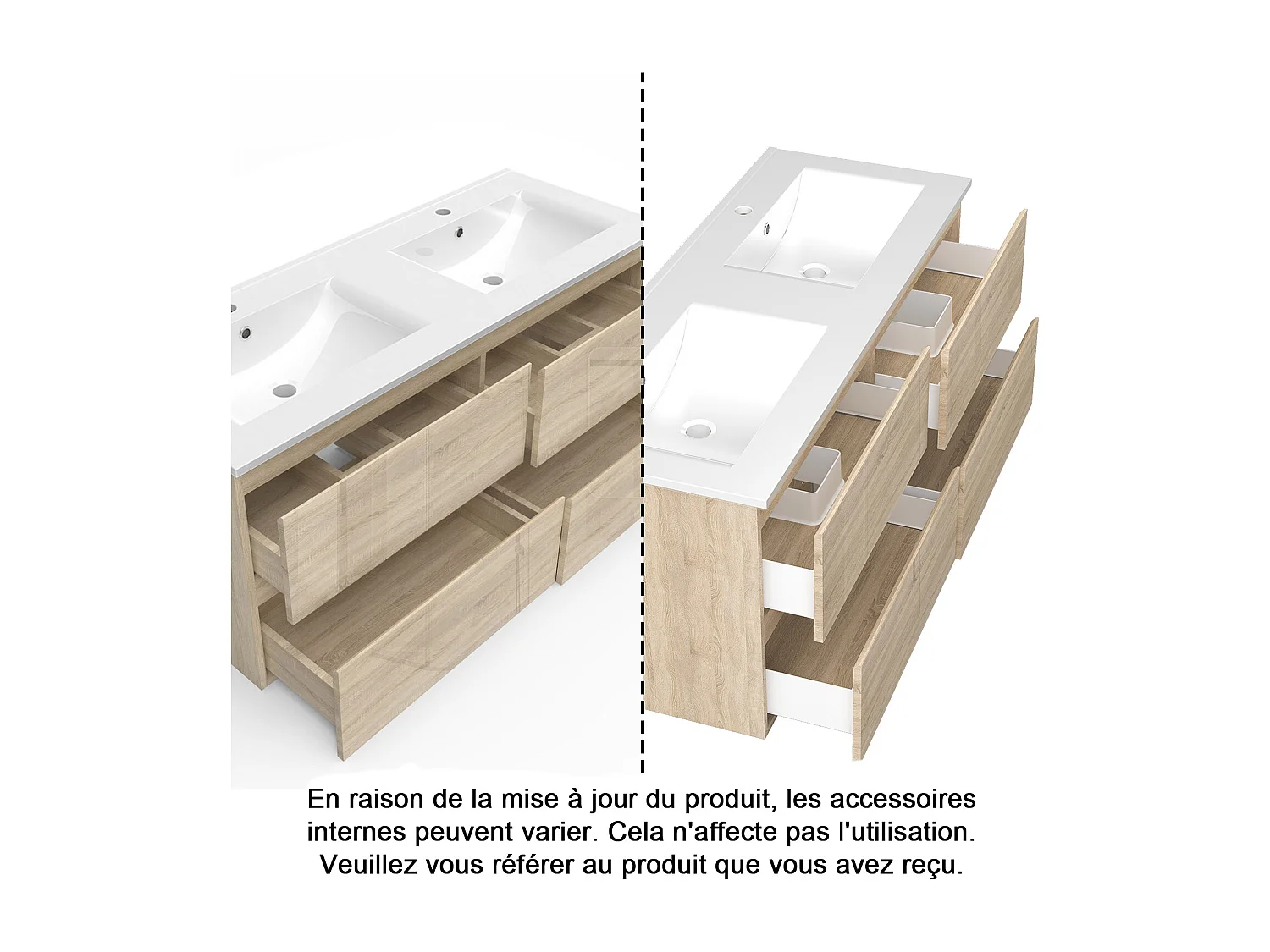 Ensemble Meuble Salle de Bain Suspendu 120cm Chêne Brillant avec 4 Tiroirs à Fermeture Automatique + Miroir Tricolore + Double Vasque Céramique + 2*Colonne Haute