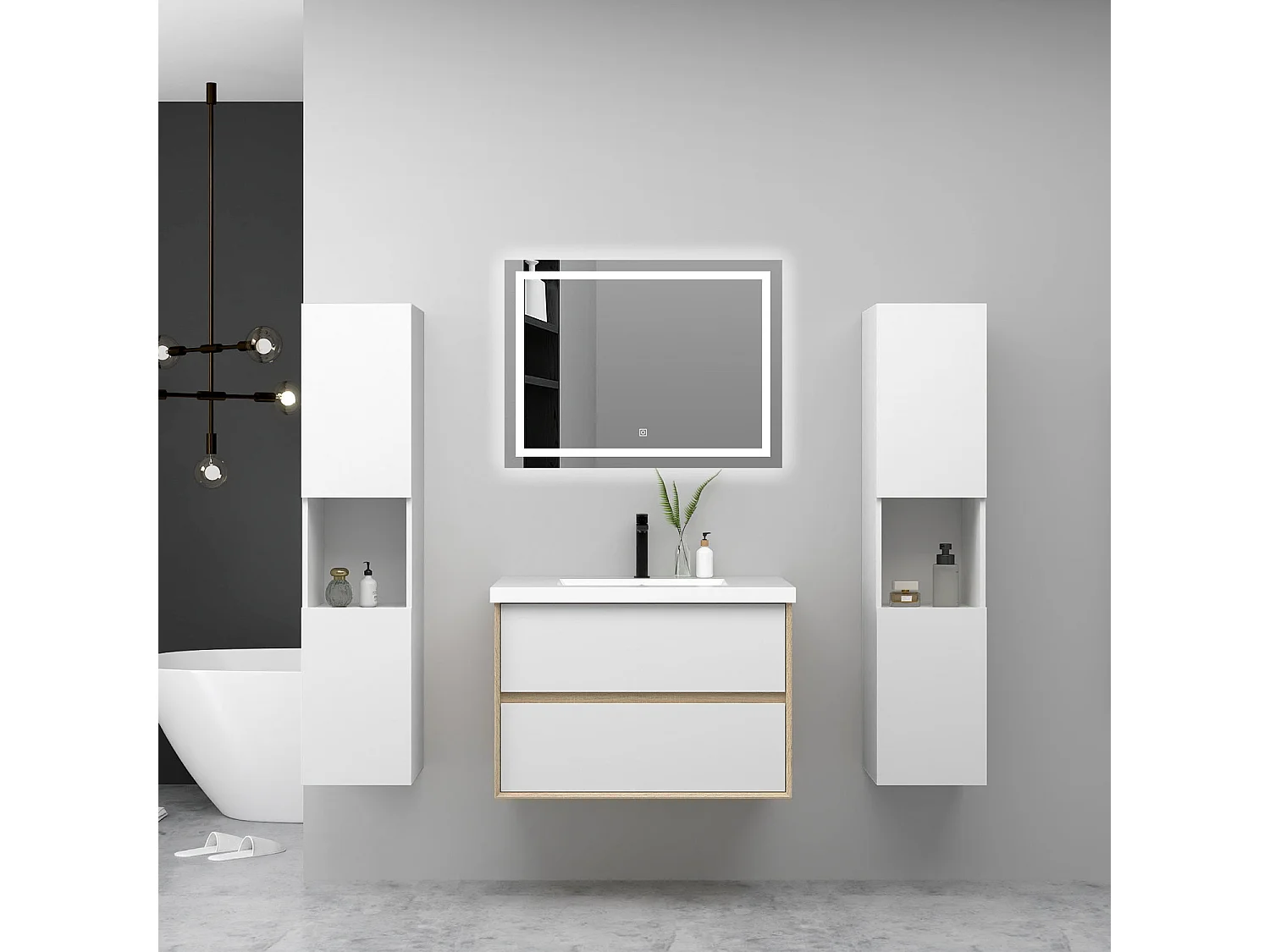 AICA Ensemble Meuble Salle de Bain Suspendu 60cm, Blanc + Chêne, Meuble 2 tiroirs + Lavabo + Miroir LED + 2 Colonne haute