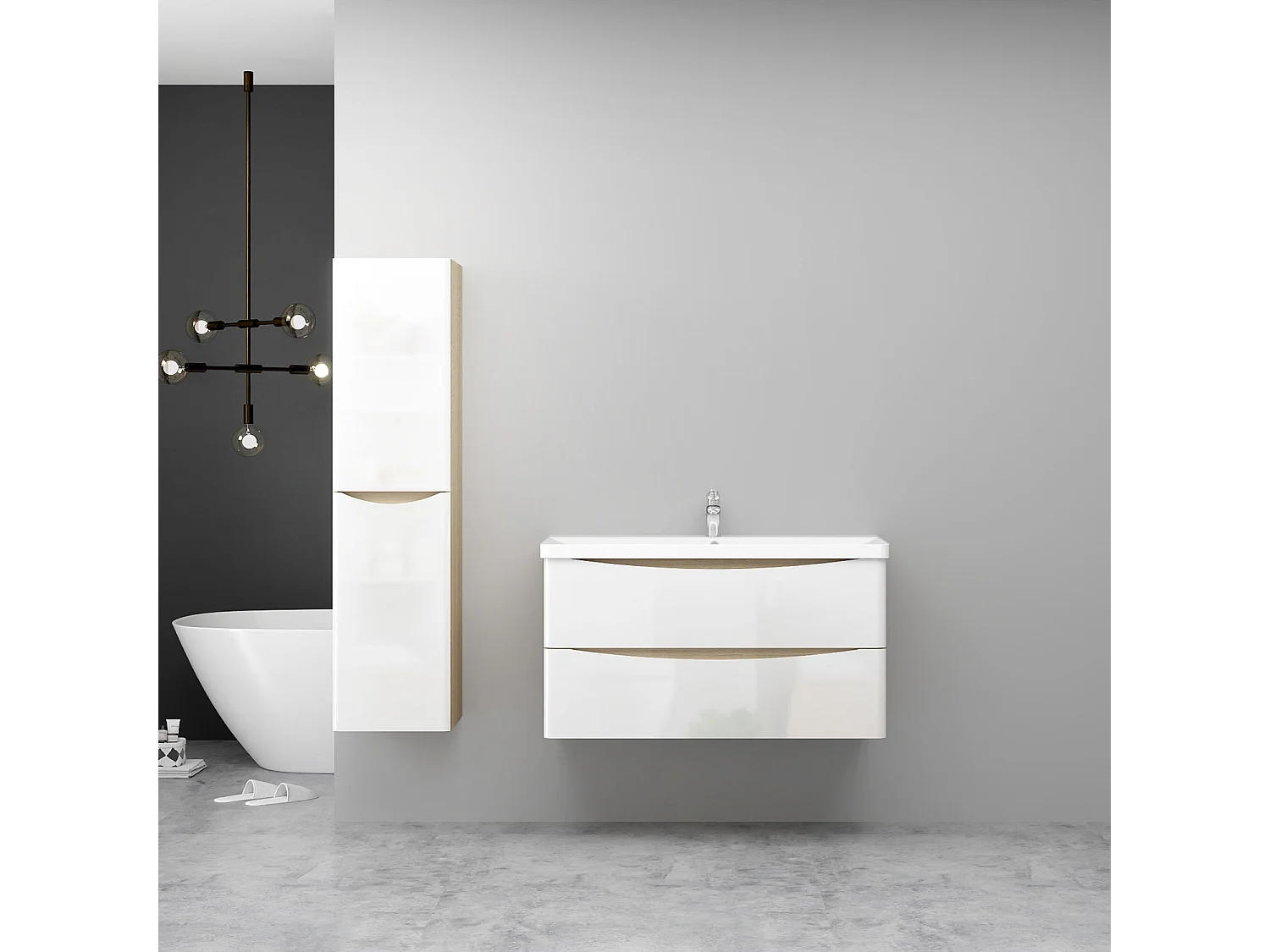 AICA Ensemble Meuble Salle de Bain Brillant Suspendu 100cm, Blanc + Chêne, Meuble 2 tiroirs + Lavabo + Colonne