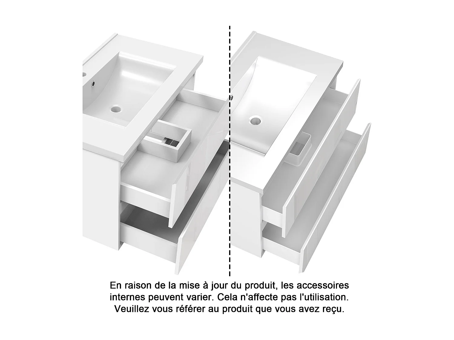 Ensemble Meuble Salle de Bain Suspendu 80cm Blanc Brillant avec 2 Tiroirs à Fermeture Automatique + Miroir Tricolore + Simple Vasque Céramique + Colonne