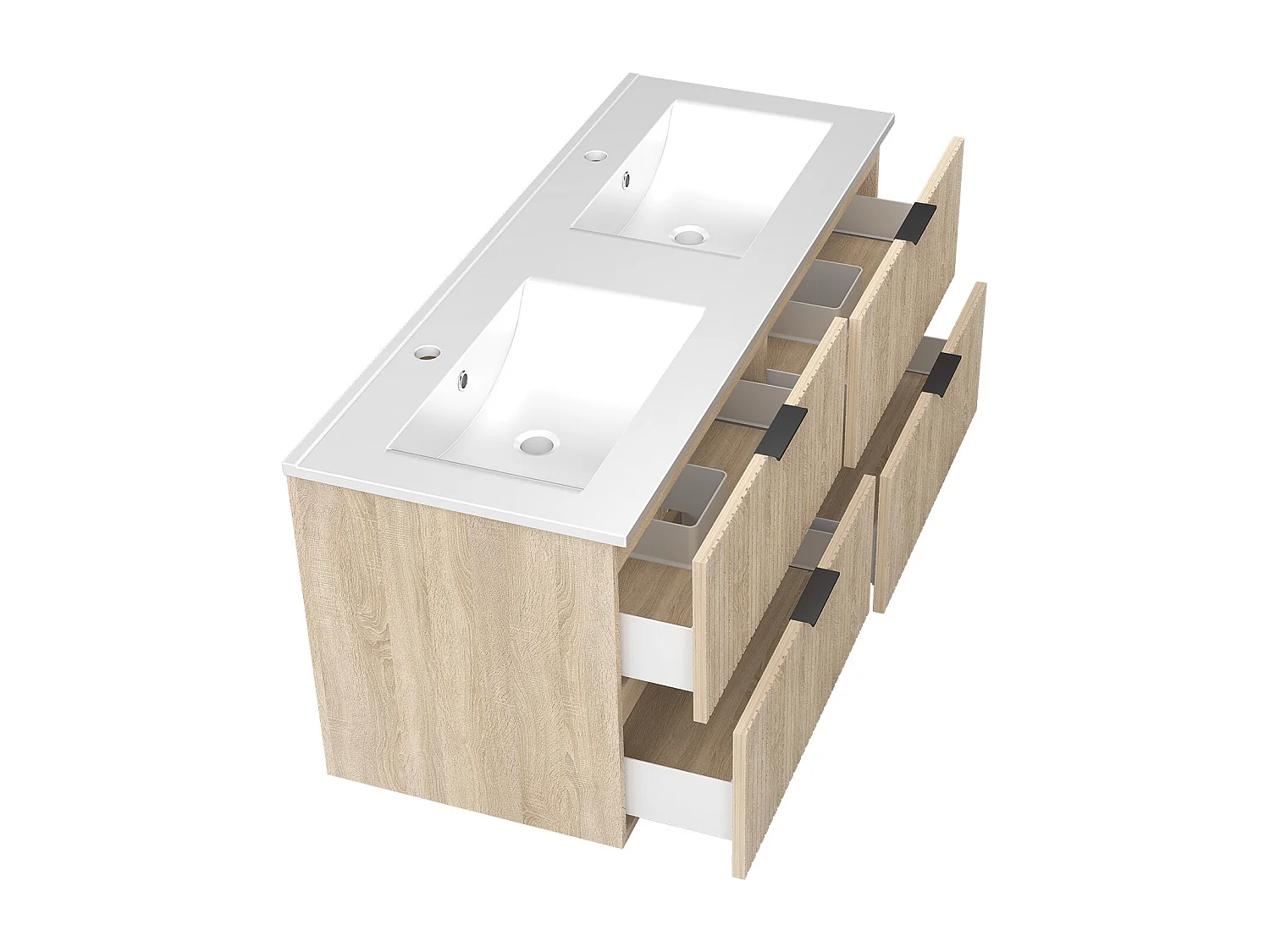 Aica Meuble de salle de bain suspendu 120 cm Chêne + 4 tiroirs, avec Vasque + Miroir LED