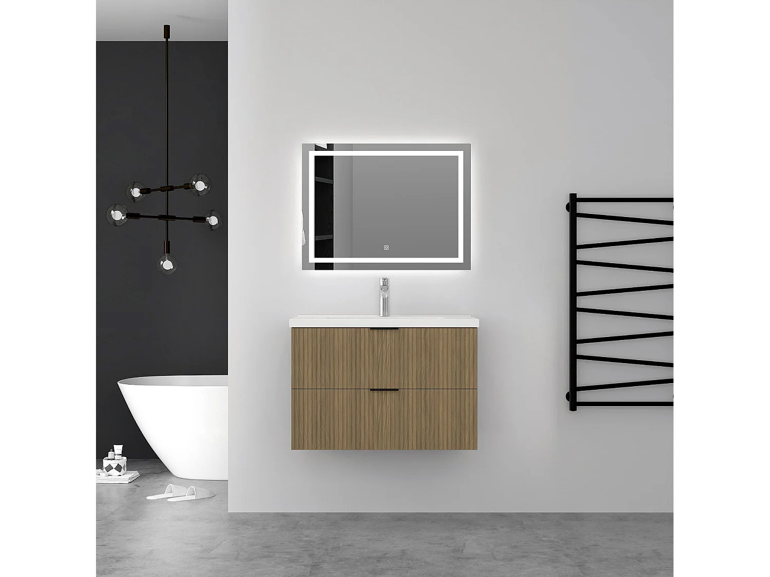 Aica Meuble de salle de bain suspendu 80 cm Noyer + 2 tiroirs, avec Vasque + Miroir LED