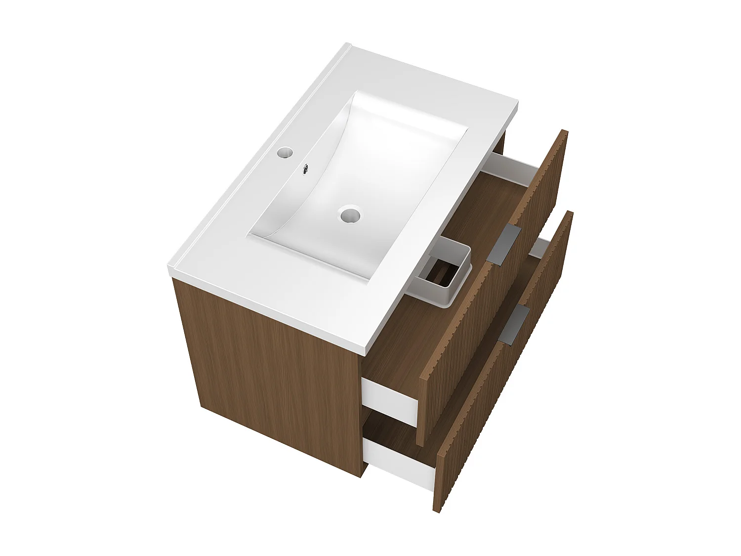 Aica Meuble de salle de bain suspendu 80 cm Noyer + 2 tiroirs, avec Vasque + Miroir LED