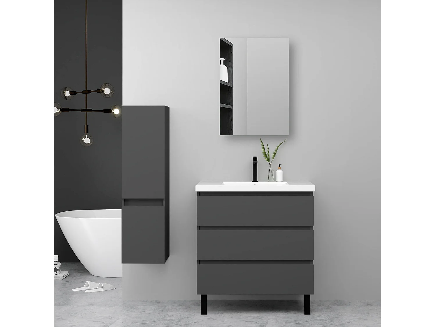 Ensemble meuble anthracite et vasque L.60cm 3 tiroirs + colonne haute + Armoire salle de bain avec miroir