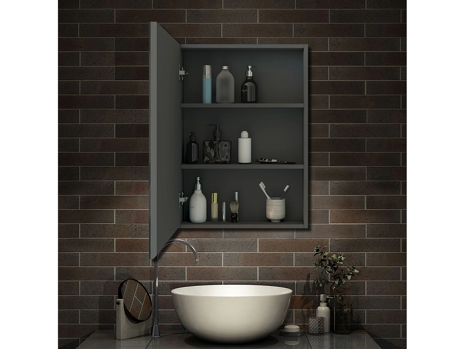 Ensemble meuble anthracite et vasque L.60cm 3 tiroirs avec fermeture amortie + 2*colonne + Armoire salle de bain avec miroir