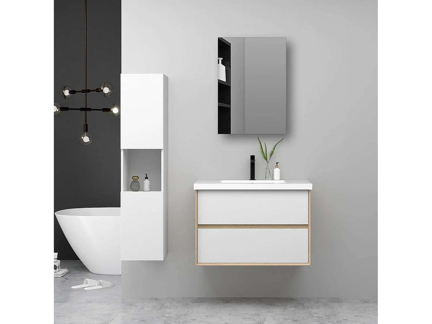 AICA Ensemble Meuble Salle de Bain Suspendu 60cm, Blanc + Chêne, Meuble 2 tiroirs + Lavabo + Armoire salle de bain avec miroir + Colonne haute