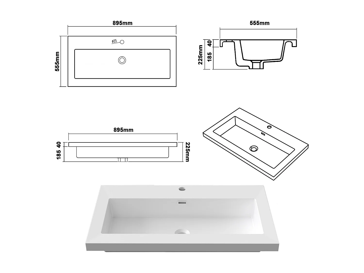 Lavabo encastré en résine effet pierre sans robinet, Dimensions : 80 cm (L) x 16 cm (H) x 47 cm (P), Blanc