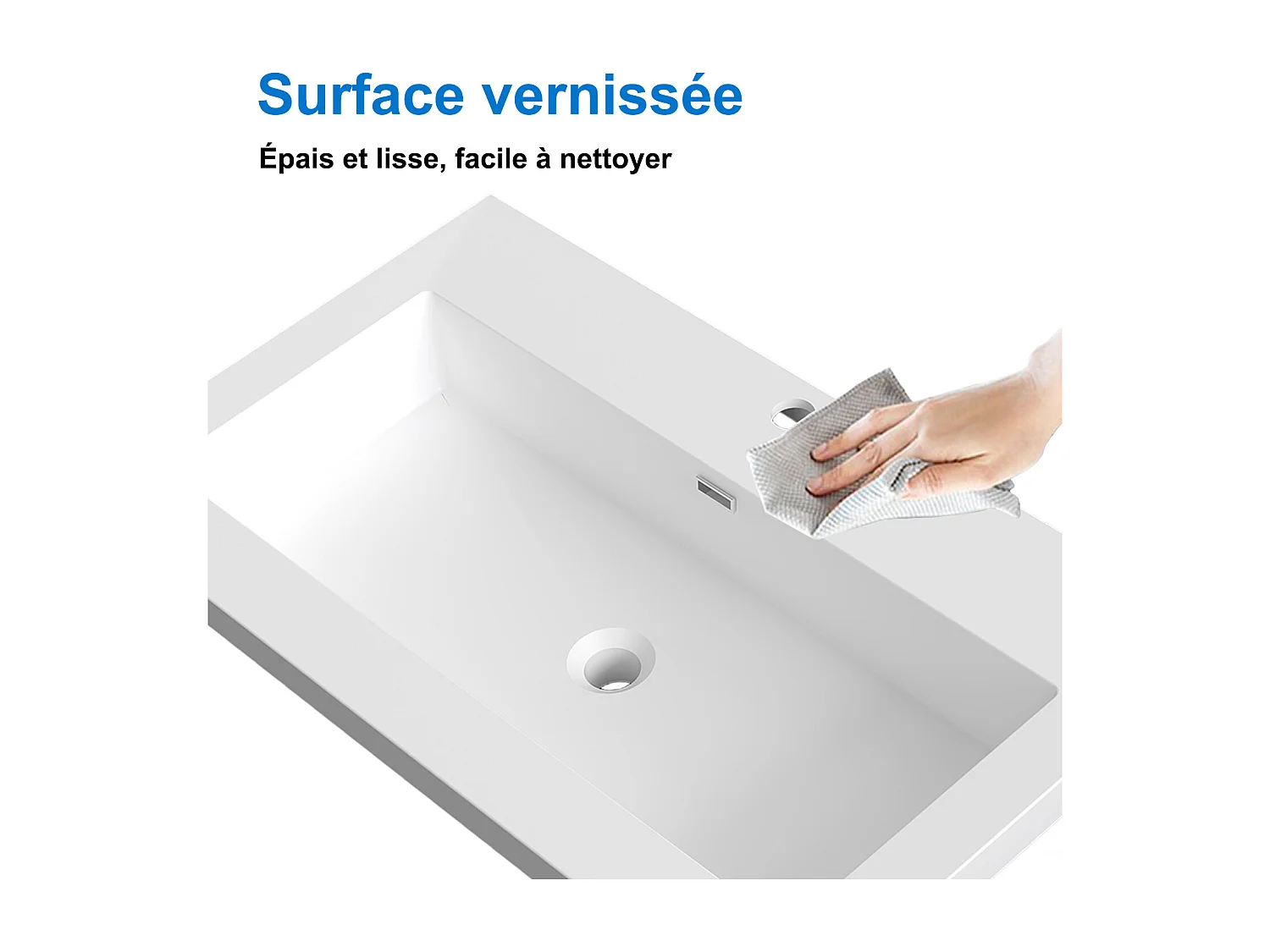 Lavabo encastré en résine effet pierre sans robinet, Dimensions : 80 cm (L) x 16 cm (H) x 47 cm (P), Blanc