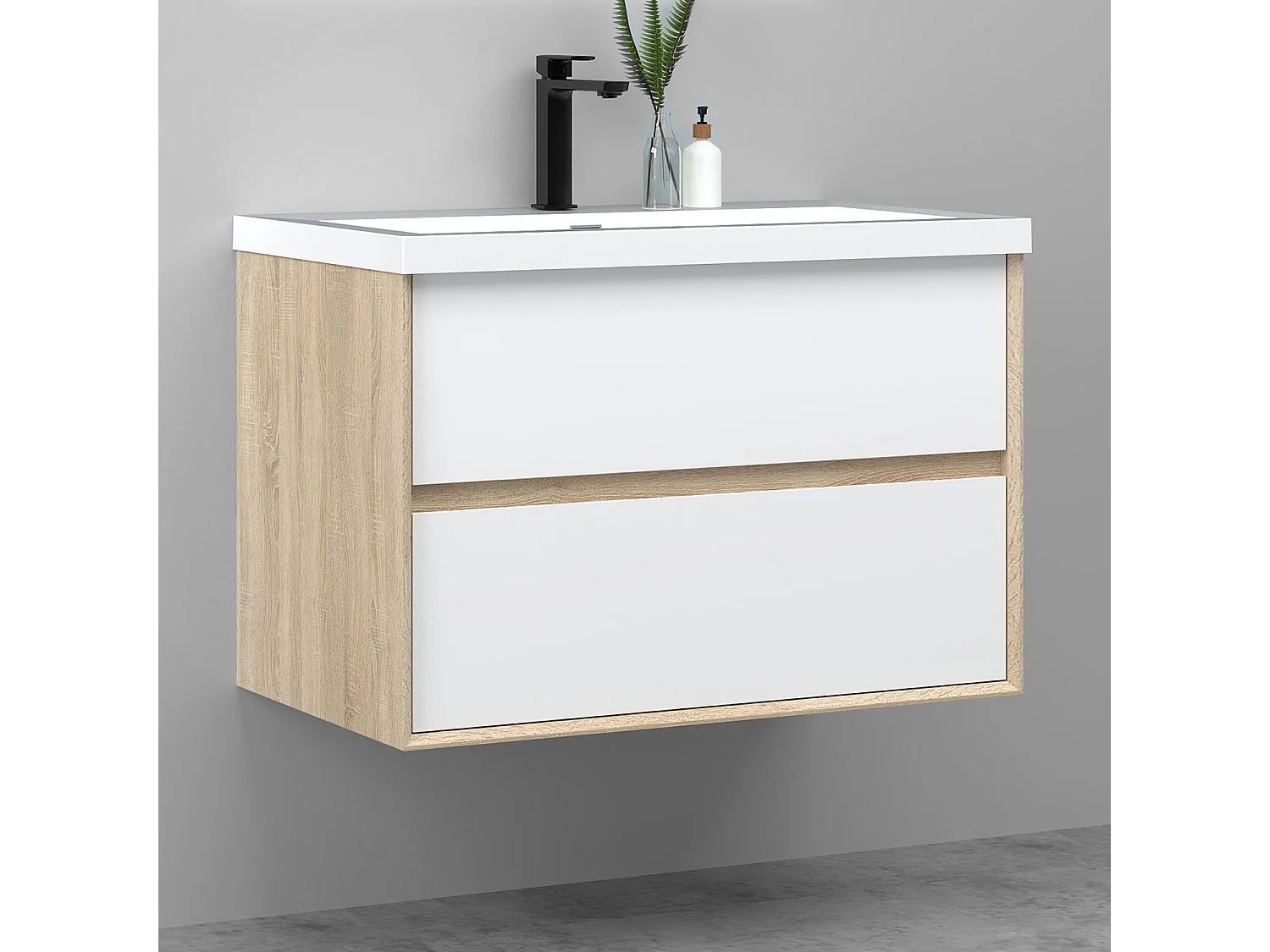 Lavabo encastré en résine effet pierre sans robinet, Dimensions : 80 cm (L) x 16 cm (H) x 47 cm (P), Blanc