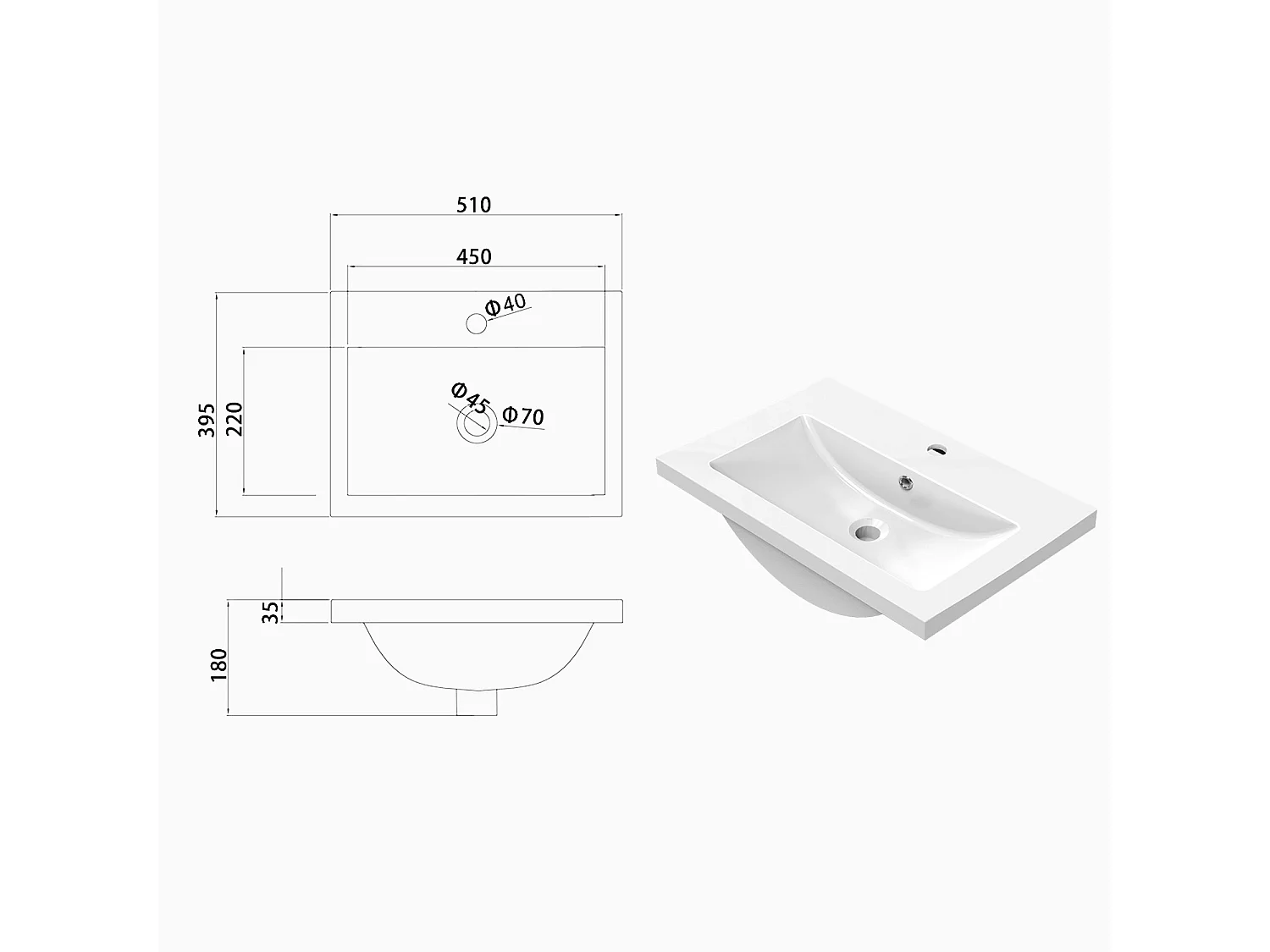 Lavabo encastré en résine effet pierre sans robinet, Dimensions : 51 cm (L) x 18 cm (H) x 39.5 cm (P), Blanc