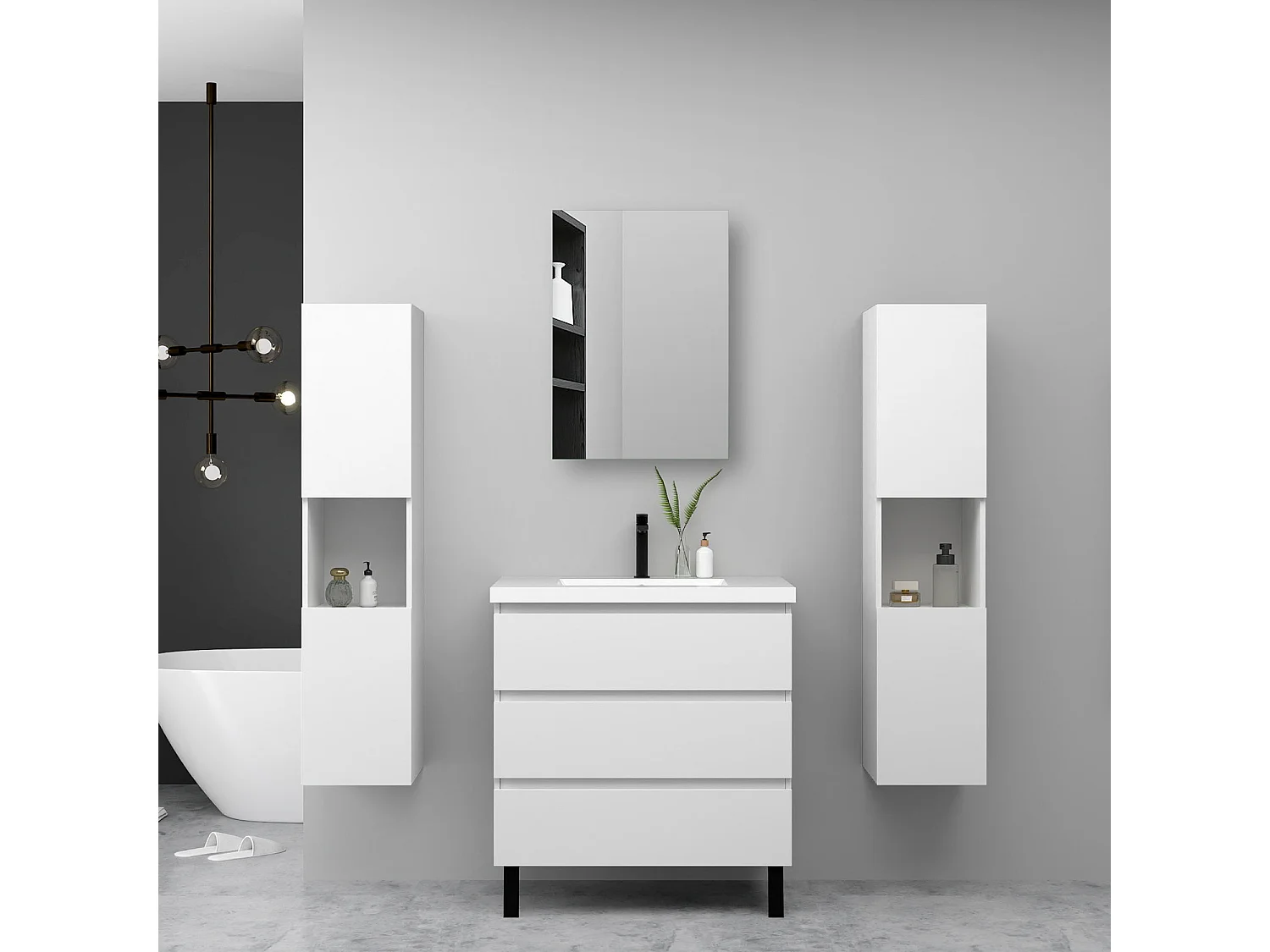 Ensemble meuble blanc et vasque L.60cm 3 tiroirs avec fermeture amortie + 2*colonne haute + Armoire salle de bain avec miroir