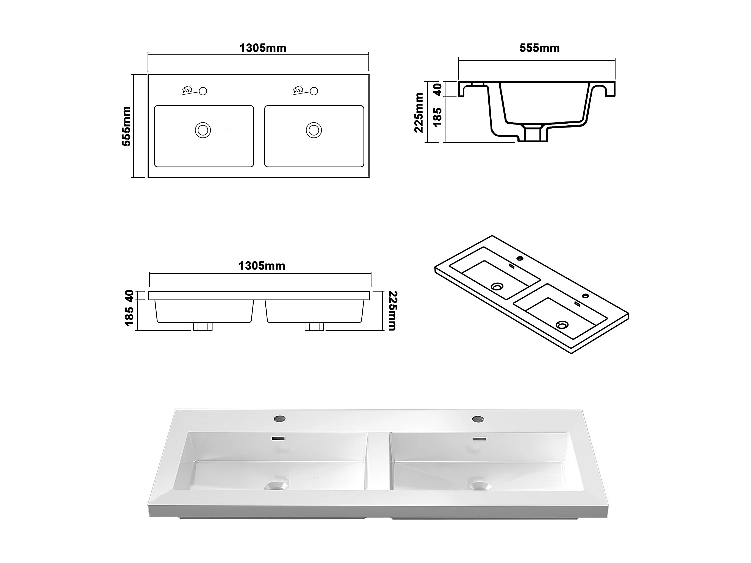 Lavabo encastré en résine effet pierre sans robinet, Dimensions : 121 cm (L) x 16 cm (H) x 47 cm (P), Blanc