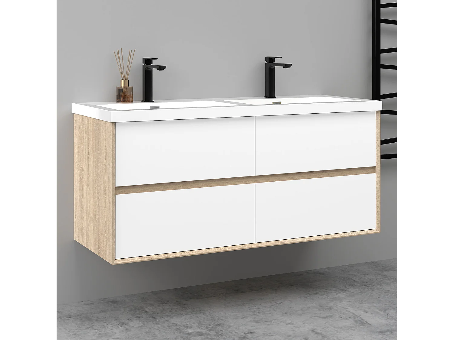 Lavabo encastré en résine effet pierre sans robinet, Dimensions : 121 cm (L) x 16 cm (H) x 47 cm (P), Blanc