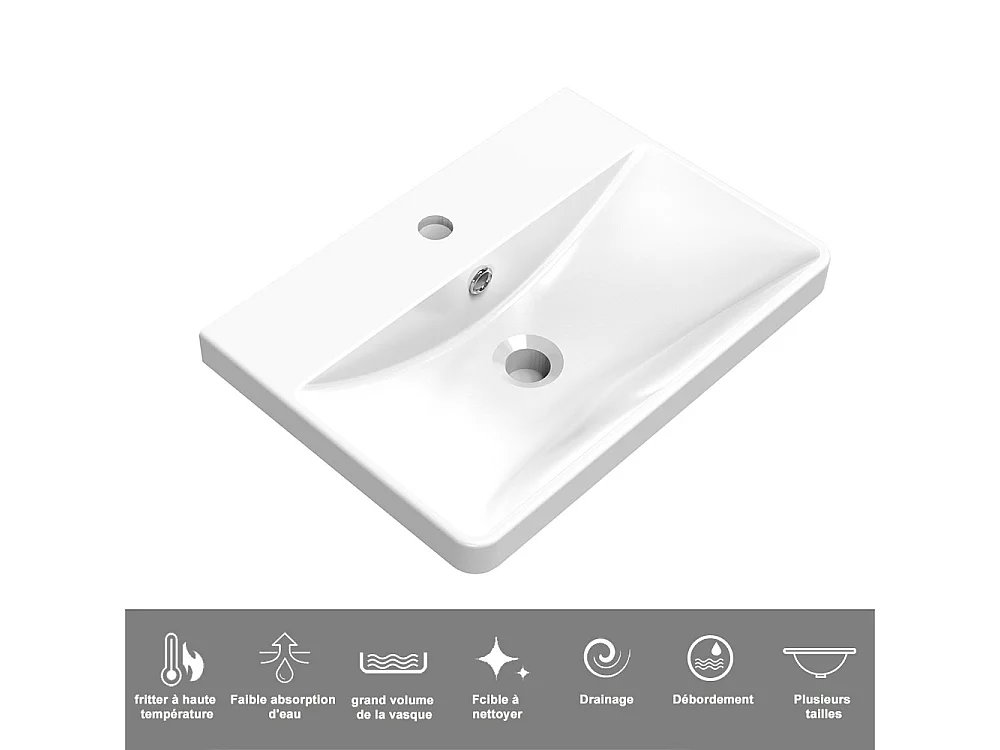 Lavabo encastré en résine effet pierre sans robinet, Dimensions : 51 cm (L) x 13.5 cm (H) x 35 cm (P), Blanc