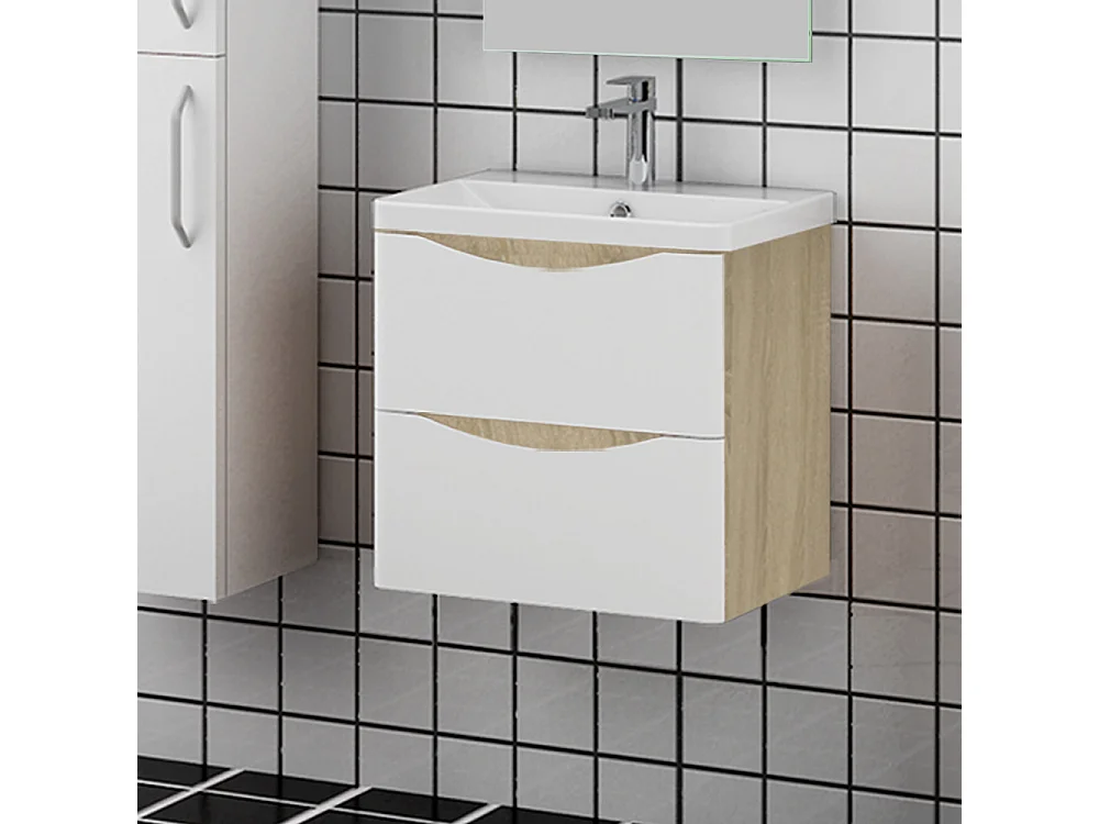 Lavabo encastré en résine effet pierre sans robinet, Dimensions : 51 cm (L) x 13.5 cm (H) x 35 cm (P), Blanc
