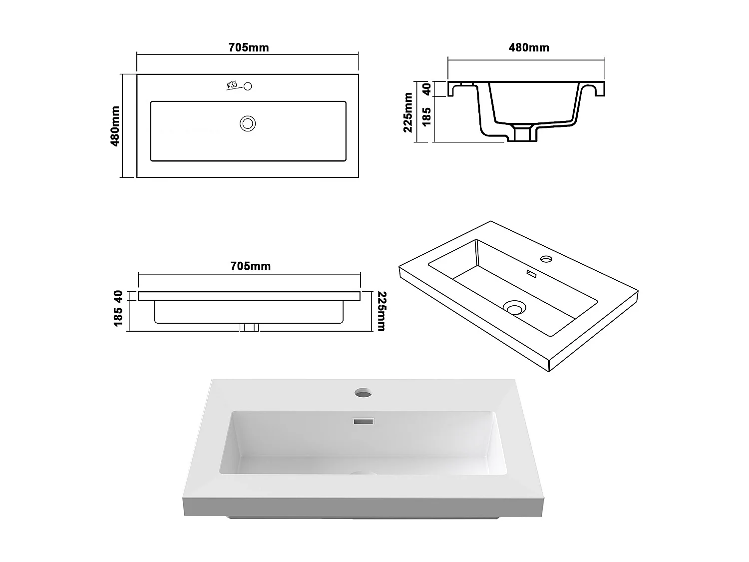 Lavabo encastré en résine effet pierre sans robinet, Dimensions : 61 cm (L) x 16 cm (H) x 39.5 cm (P), Blanc