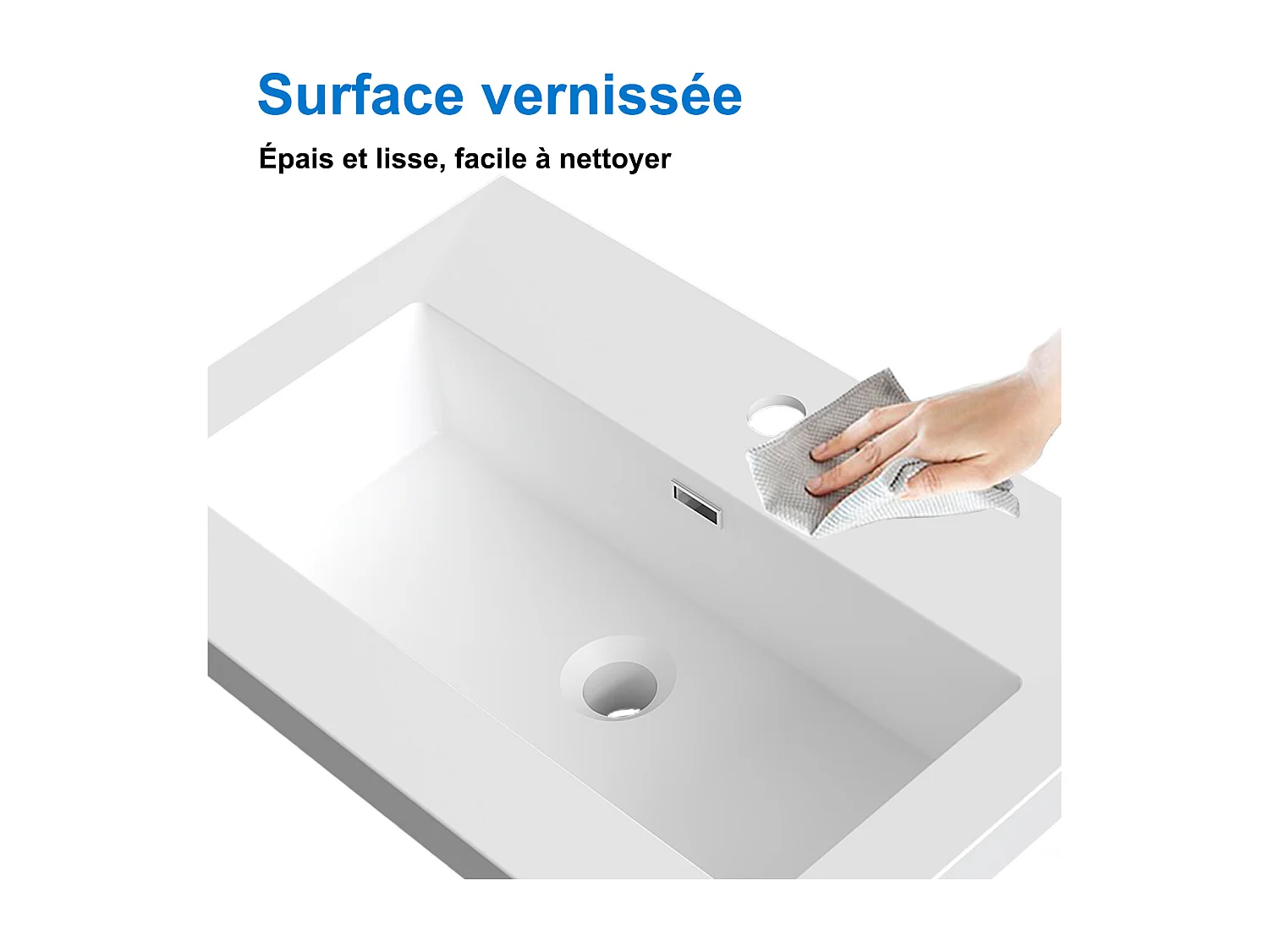 Lavabo encastré en résine effet pierre sans robinet, Dimensions : 61 cm (L) x 16 cm (H) x 39.5 cm (P), Blanc