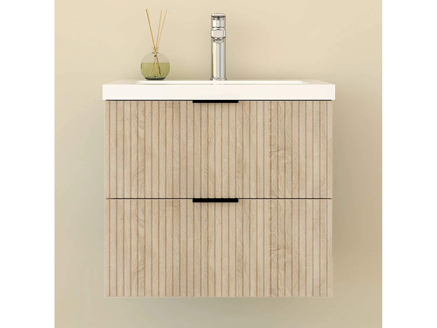 Lavabo encastré en résine effet pierre sans robinet, Dimensions : 61 cm (L) x 16 cm (H) x 39.5 cm (P), Blanc