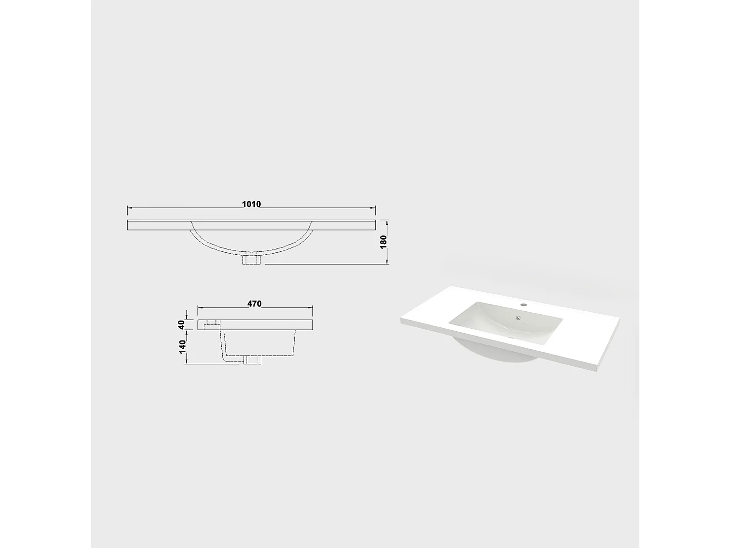 Lavabo encastré en résine effet pierre sans robinet, Dimensions : 101 cm (L) x 17.5 cm (H) x 47 cm (P), Blanc
