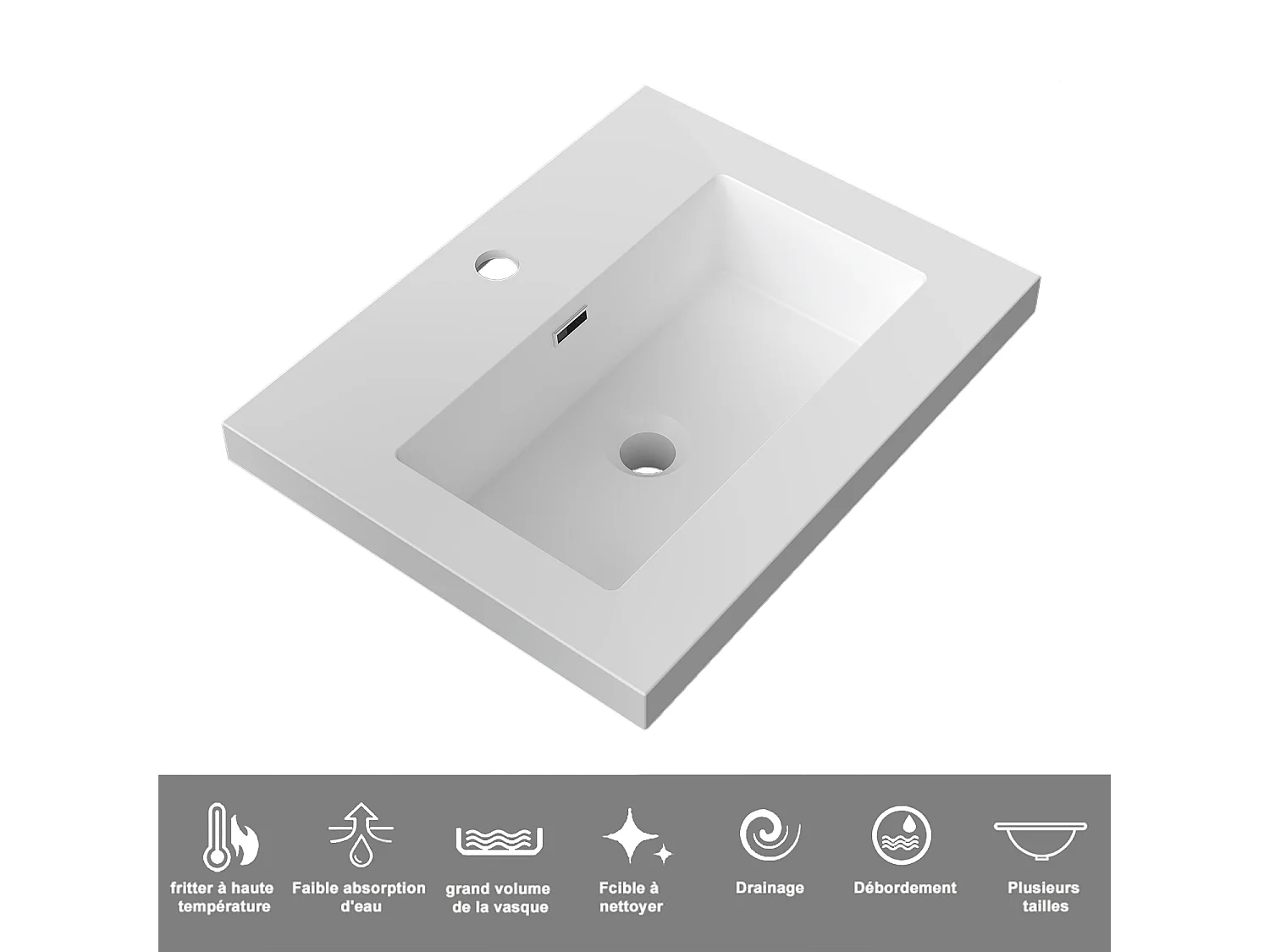 Lavabo encastré en résine effet pierre sans robinet, Dimensions : 51 cm (L) x 16 cm (H) x 39.5 cm (P), Blanc