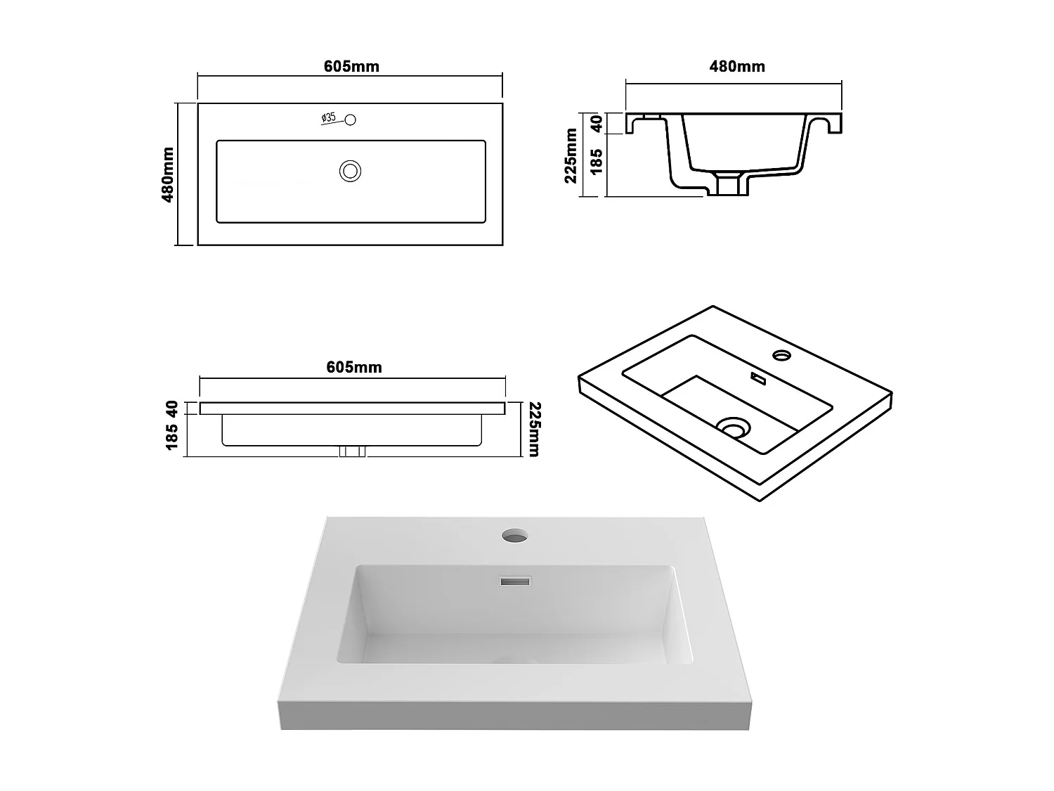 Lavabo encastré en résine effet pierre sans robinet, Dimensions : 51 cm (L) x 16 cm (H) x 39.5 cm (P), Blanc
