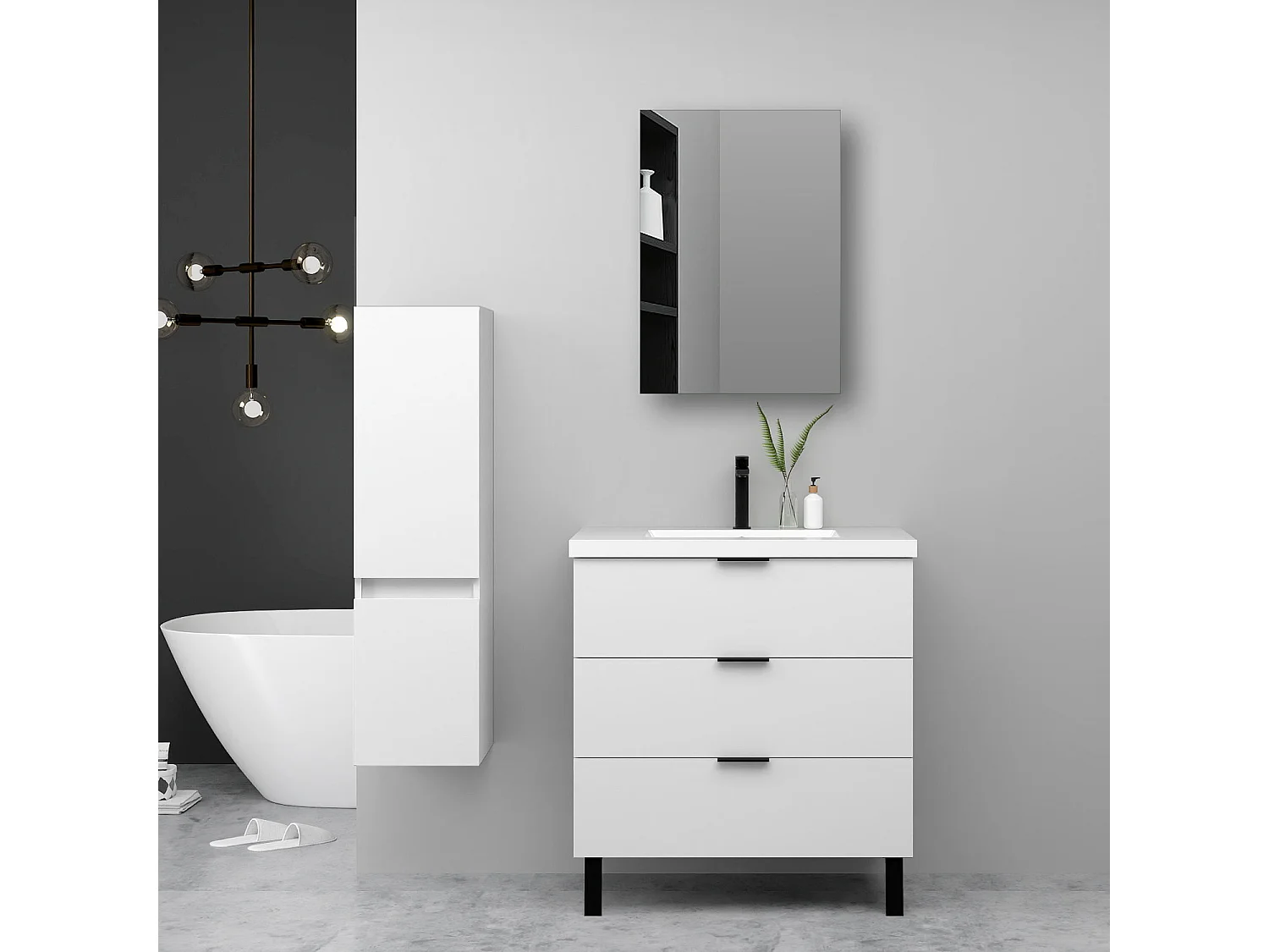 Ensemble meuble blanc et lavabo L.100cm 3 tiroirs + colonne haute + Armoire salle de bain avec miroir