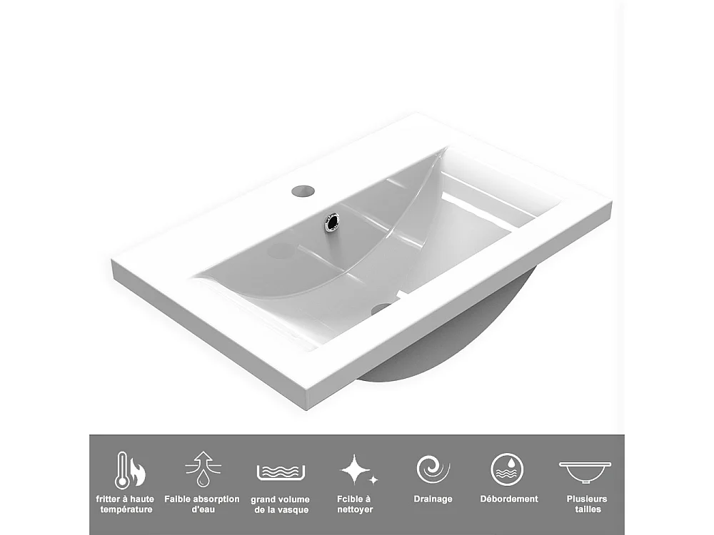 Lavabo éncastre en ceramique sans robinet, Dimensions : 61 cm (L) x 18 cm (H) x 39.5 cm (P), Blanc