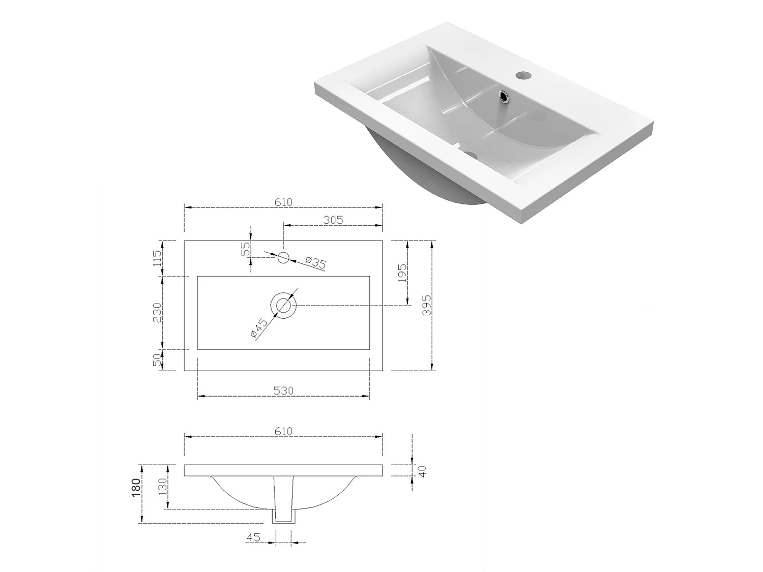 Lavabo éncastre en ceramique sans robinet, Dimensions : 61 cm (L) x 18 cm (H) x 39.5 cm (P), Blanc