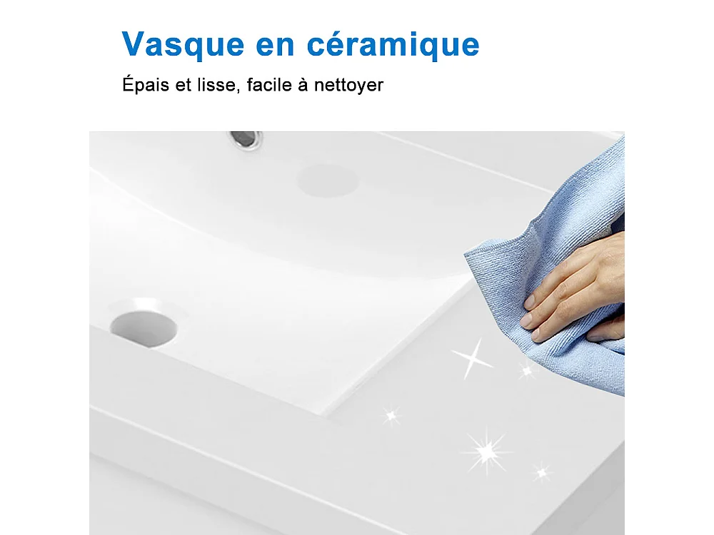Lavabo éncastre en ceramique sans robinet, Dimensions : 61 cm (L) x 18 cm (H) x 39.5 cm (P), Blanc