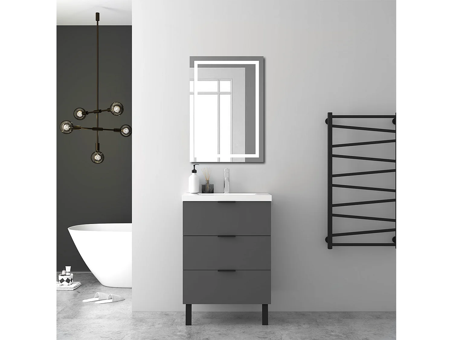 Lavabo éncastre en ceramique sans robinet, Dimensions : 61 cm (L) x 18 cm (H) x 39.5 cm (P), Blanc