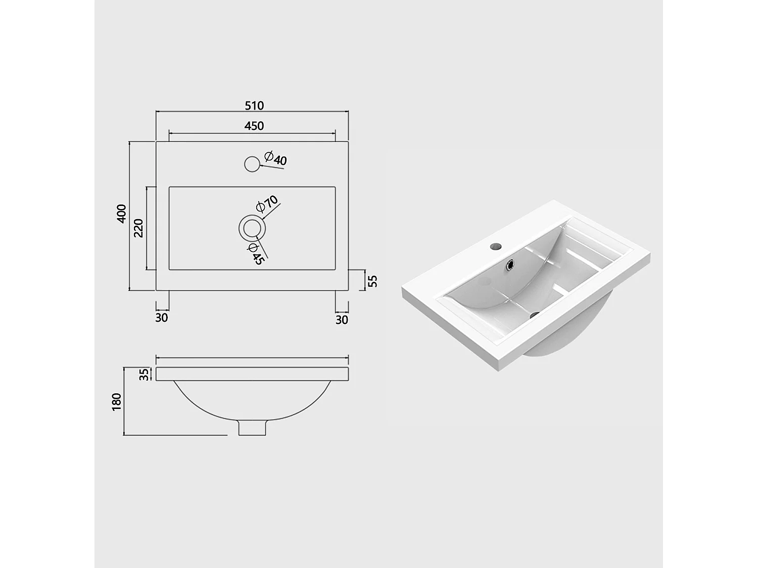 Lavabo éncastre en ceramique sans robinet, Dimensions : 51 cm (L) x 18 cm (H) x 40 cm (P), Blanc