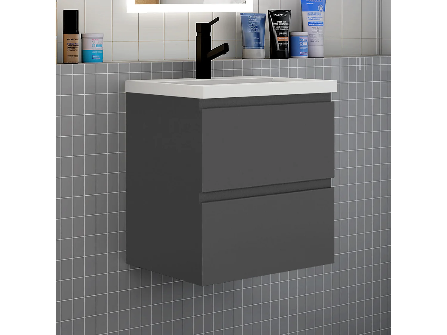 Lavabo éncastre en ceramique sans robinet, Dimensions : 51 cm (L) x 18 cm (H) x 40 cm (P), Blanc