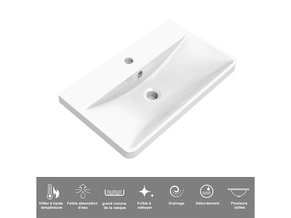 Lavabo encastré en résine effet pierre sans robinet, Dimensions : 61 cm (L) x 13.5 cm (H) x 35 cm (P), Blanc