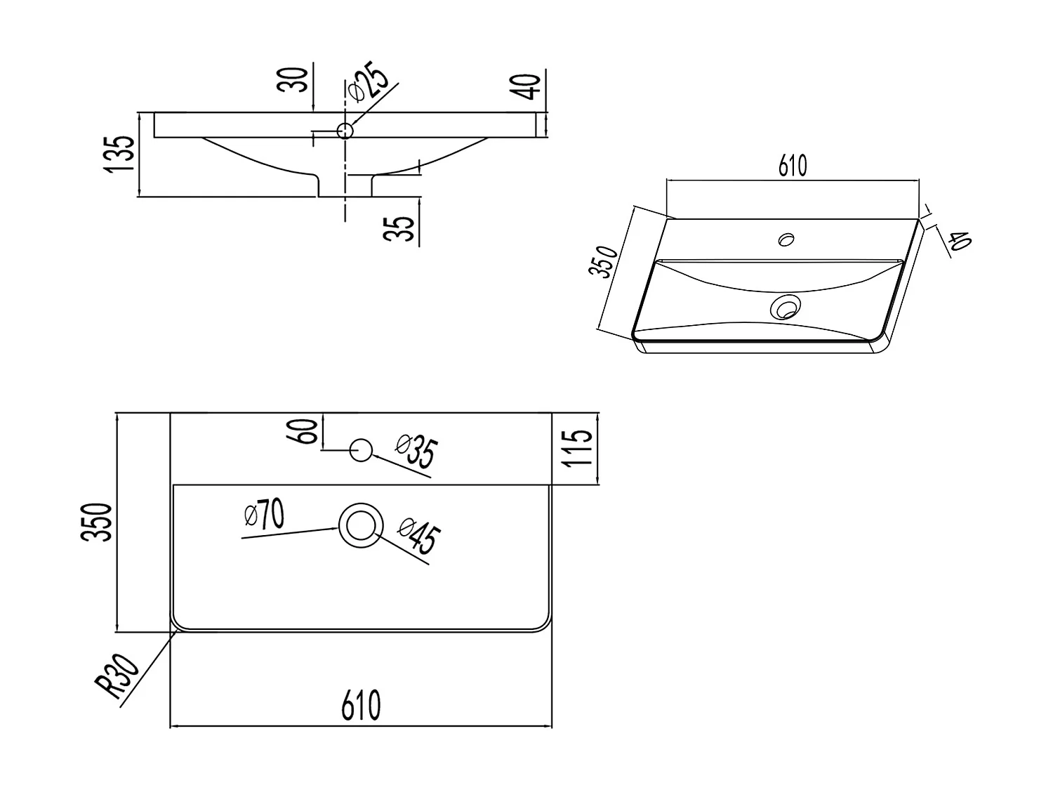 Lavabo encastré en résine effet pierre sans robinet, Dimensions : 61 cm (L) x 13.5 cm (H) x 35 cm (P), Blanc