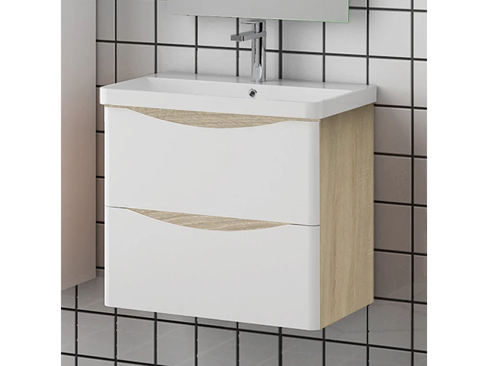 Lavabo encastré en résine effet pierre sans robinet, Dimensions : 61 cm (L) x 13.5 cm (H) x 35 cm (P), Blanc