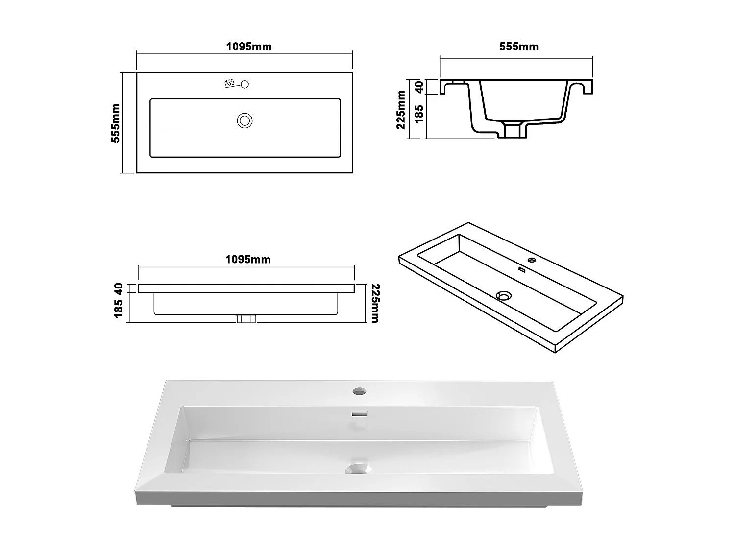 Lavabo encastré en résine effet pierre sans robinet, Dimensions : 100 cm (L) x 16 cm (H) x 47 cm (P), Blanc