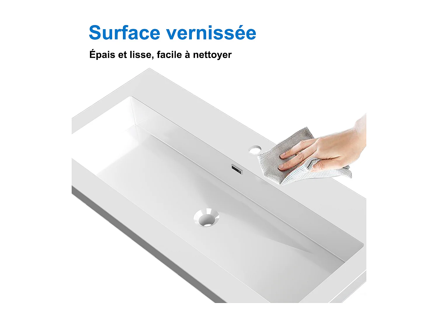 Lavabo encastré en résine effet pierre sans robinet, Dimensions : 100 cm (L) x 16 cm (H) x 47 cm (P), Blanc