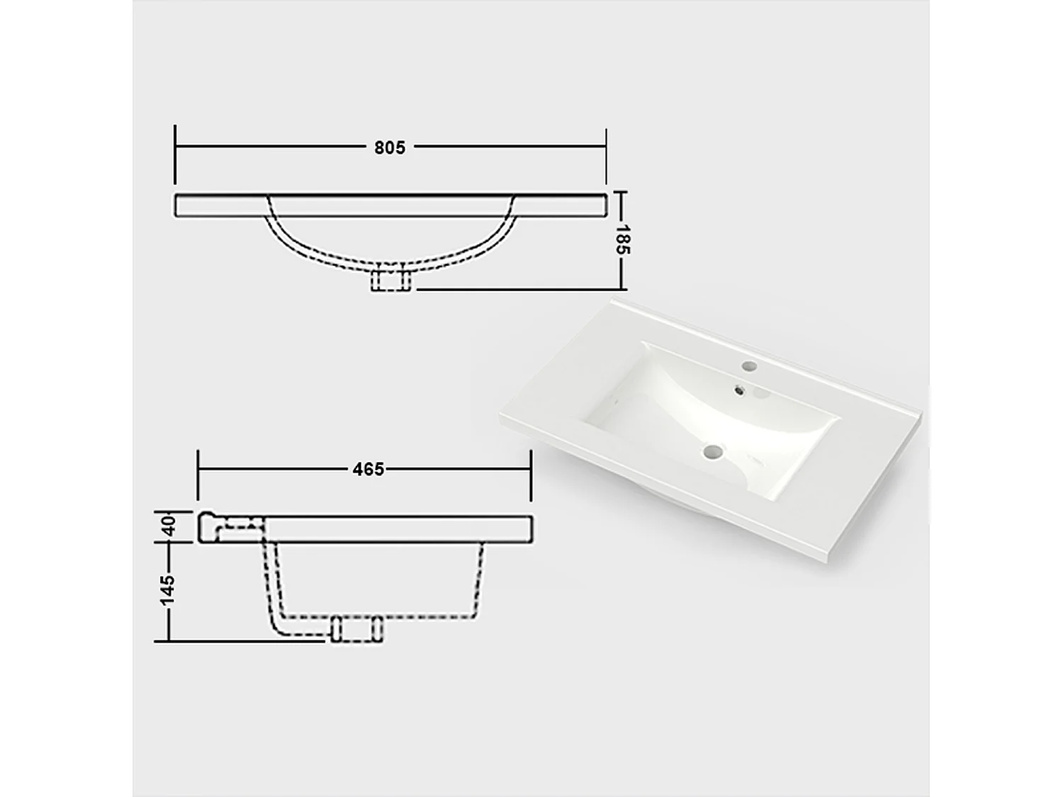 Lavabo éncastre en ceramique sans robinet, Dimensions : 80.5 cm (L) x 18.5 cm (H) x 46.5 cm (P), Blanc