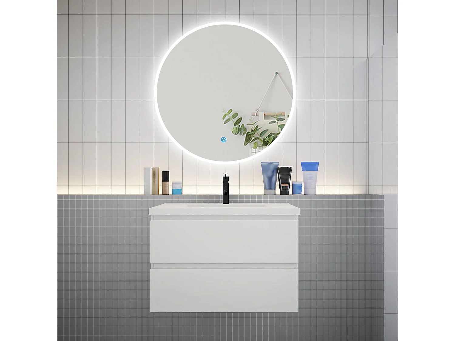 Lavabo éncastre en ceramique sans robinet, Dimensions : 80.5 cm (L) x 18.5 cm (H) x 46.5 cm (P), Blanc