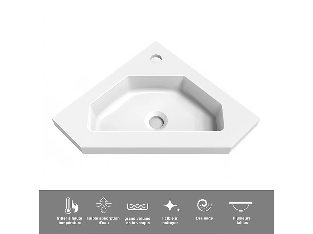 Lavabo encastré en résine effet pierre sans robinet, Triangulaire, Dimensions : 40 cm (L) x 10 cm (H) x 40 cm (P), Blanc