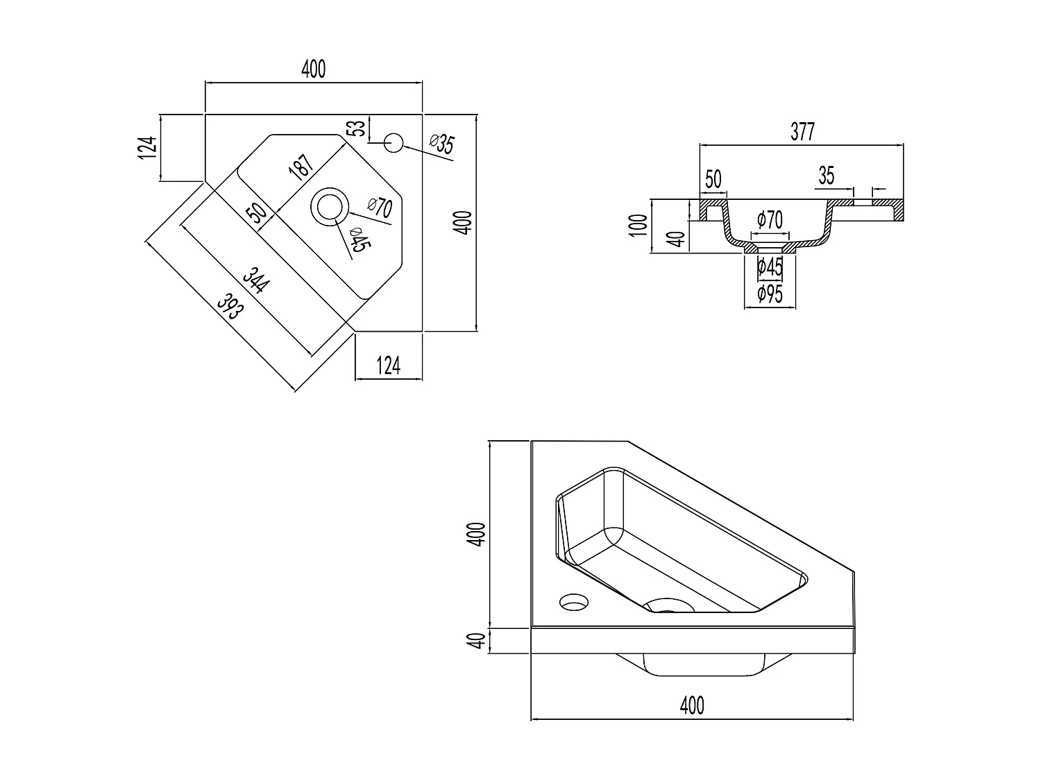 Lavabo encastré en résine effet pierre sans robinet, Triangulaire, Dimensions : 40 cm (L) x 10 cm (H) x 40 cm (P), Blanc