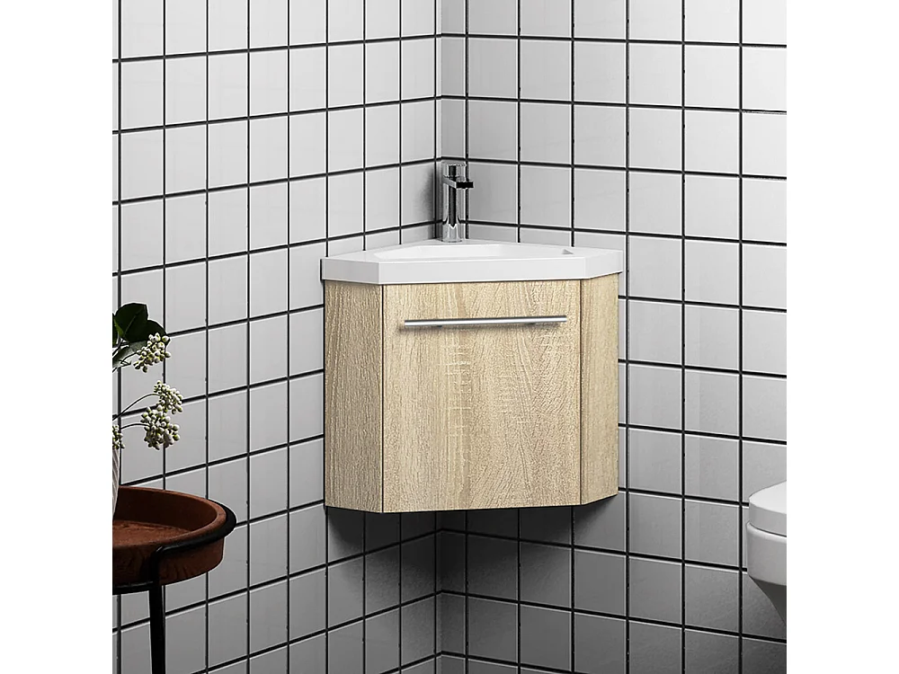 Lavabo encastré en résine effet pierre sans robinet, Triangulaire, Dimensions : 40 cm (L) x 10 cm (H) x 40 cm (P), Blanc