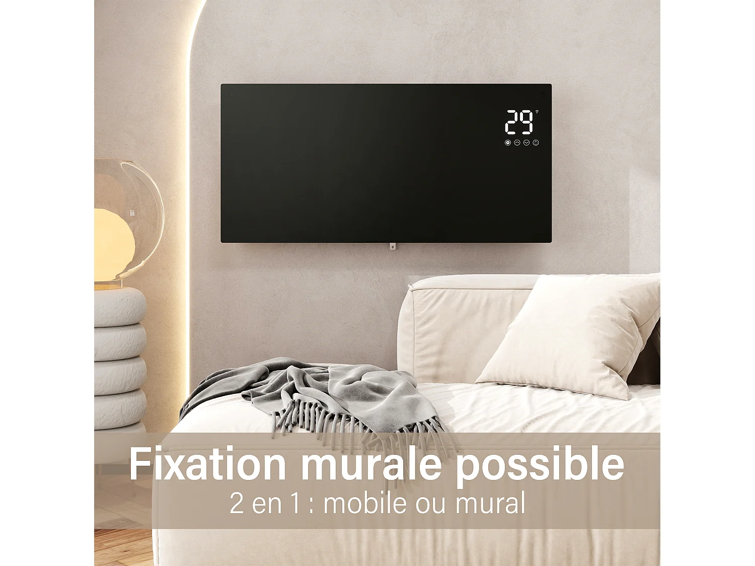 Radiateur électrique - Mobile ou mural - L62,1 x H40 x P7 cm - 1500W WiFi - Blanc