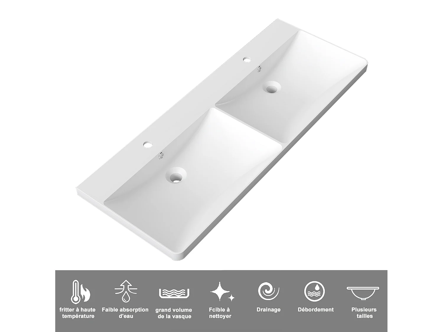 Lavabo encastré en résine effet pierre sans robinet, Dimensions : 122 cm (L) x 13.5 cm (H) x 47 cm (P), Blanc